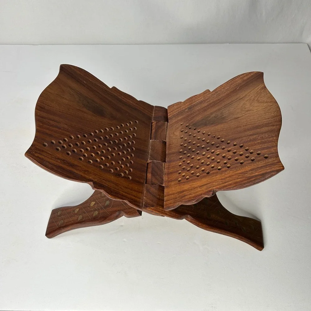 Vintage Hand Carved Wooden Folding Book Stand Rehal Brass Inlay 15 Inch Brown - Picture 3 of 6